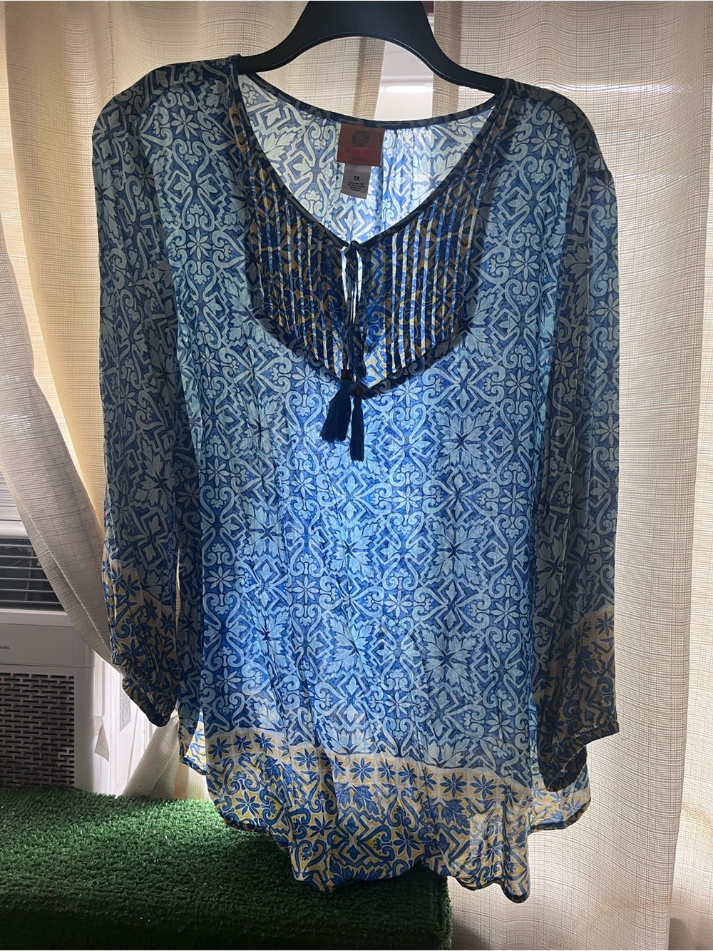 Ruby Rd. Blue and Cream Printed Tassel V-Neck Tunic